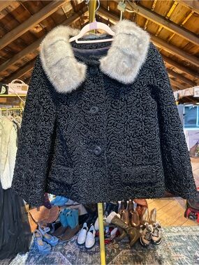 Black Textured Pea Coat with Light Gray Faux Fur Collar